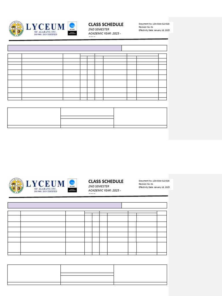 2025-2026 2nd Semester Class Schedule | PDF