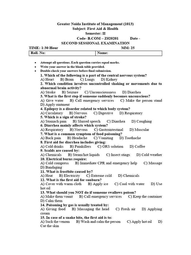 First Aid Exam Questions for B.Com Students | PDF | First Aid | Stroke