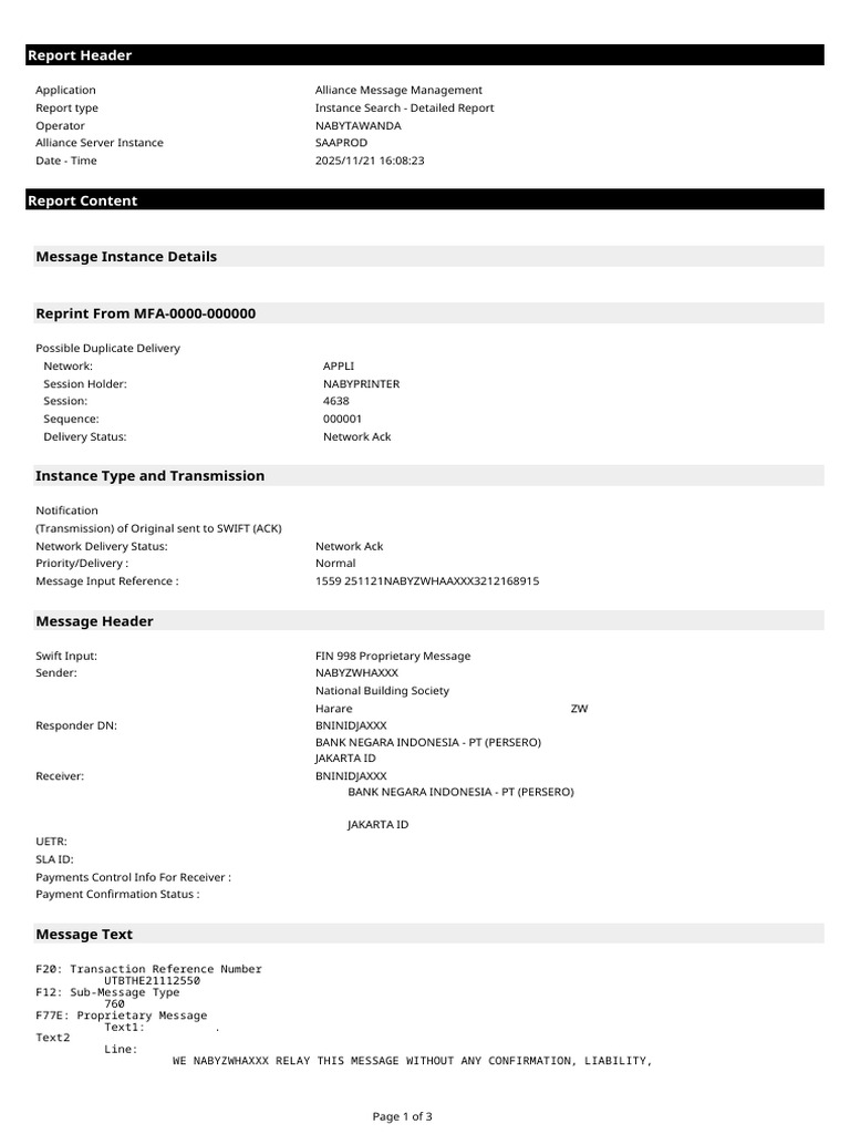 Detailed SWIFT Message Report | PDF | Letter Of Credit | Transmission ...