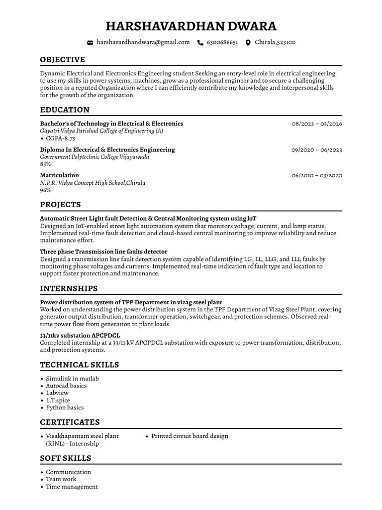 Electrical Engineering Student Resume | PDF | Electric Power ...