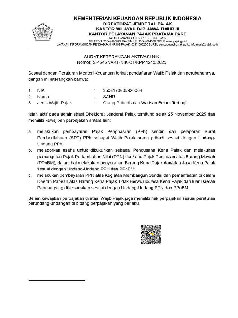 Aktivasi NIK Wajib Pajak Sahri 2025 | PDF
