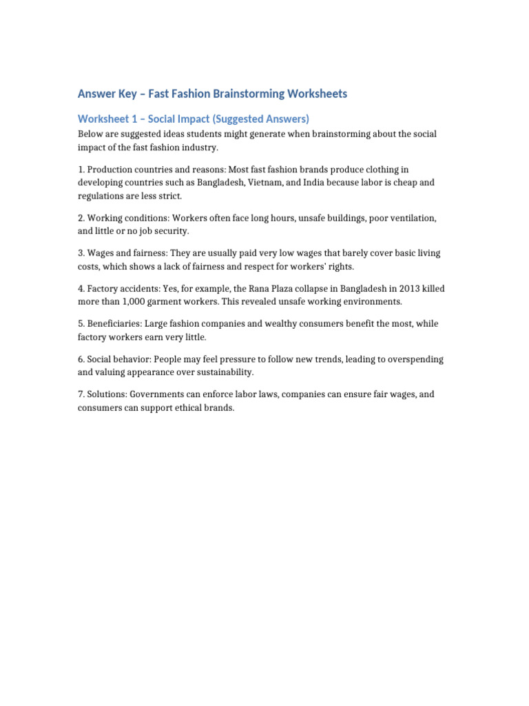 Fast Fashion Brainstorming Answer Key | PDF