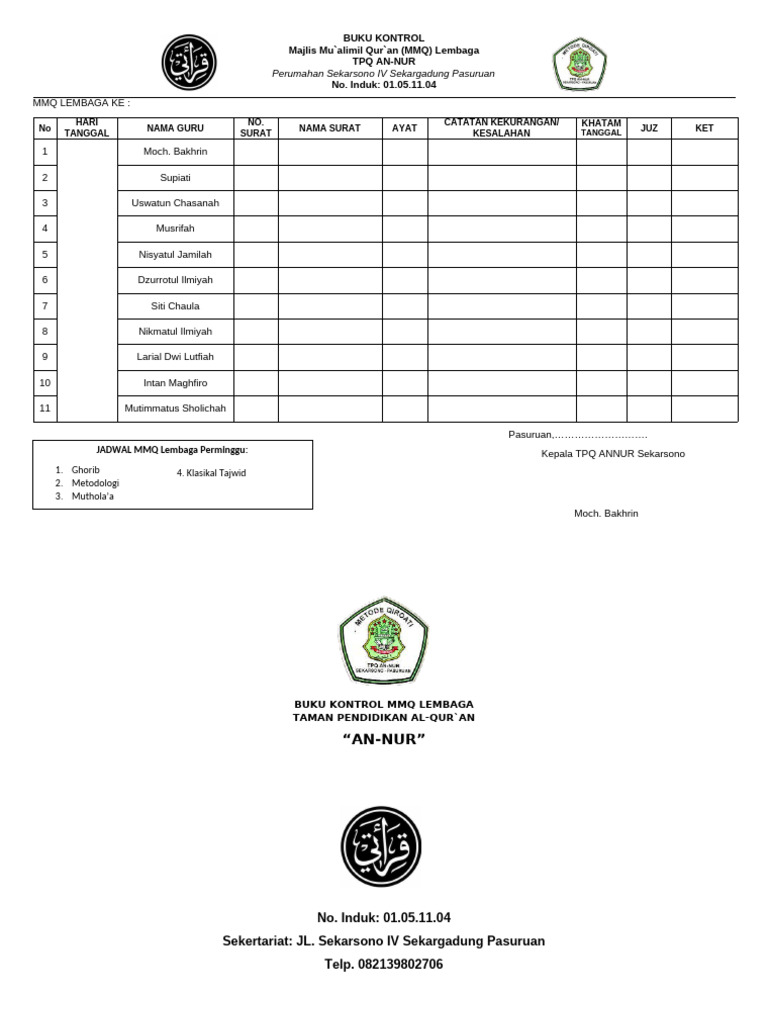 Buku Kontrol MMQ TPQ An-Nur Pasuruan | PDF