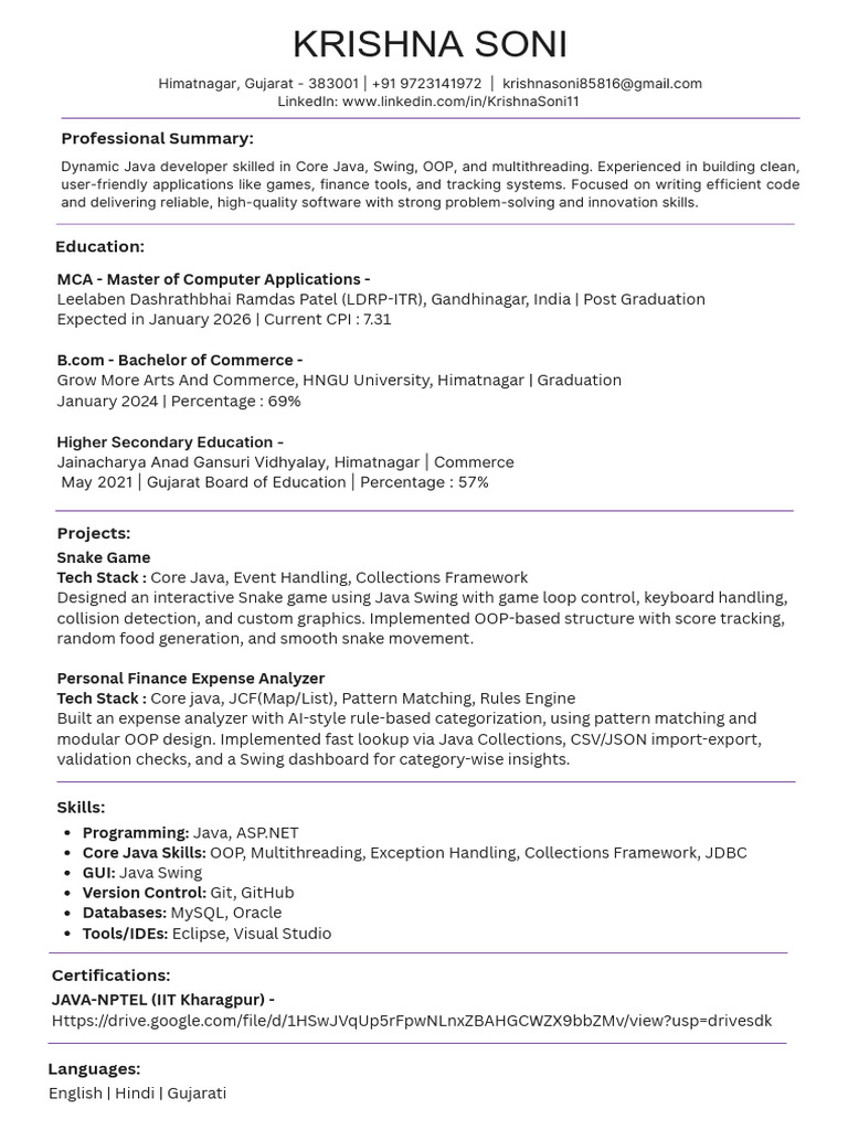 Java Developer Resume - Krishna Soni | PDF