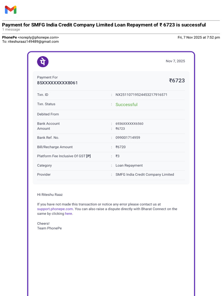 Successful Loan Repayment via PhonePe | PDF