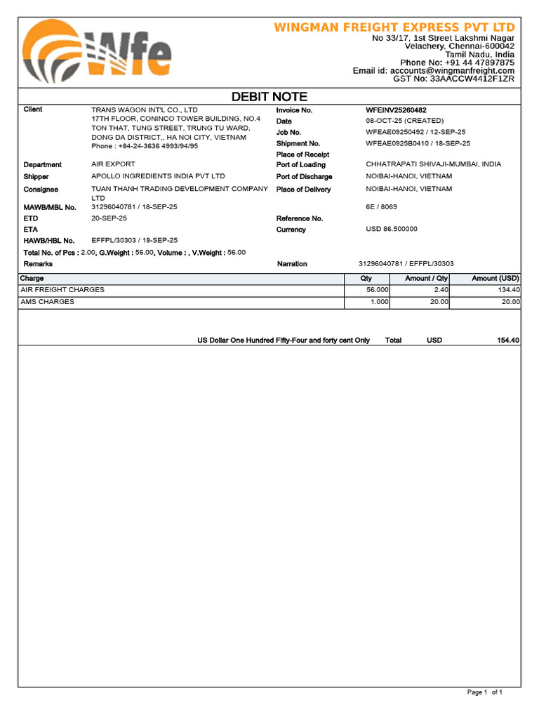 Debit Note for Air Freight Charges | PDF | Freight Transport | Supply ...