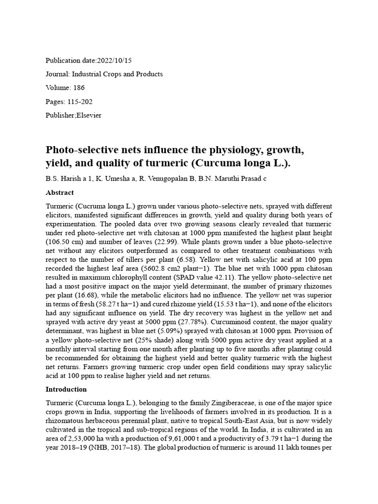 Effects of Photo-Selective Nets on Turmeric | PDF | Turmeric | Botany