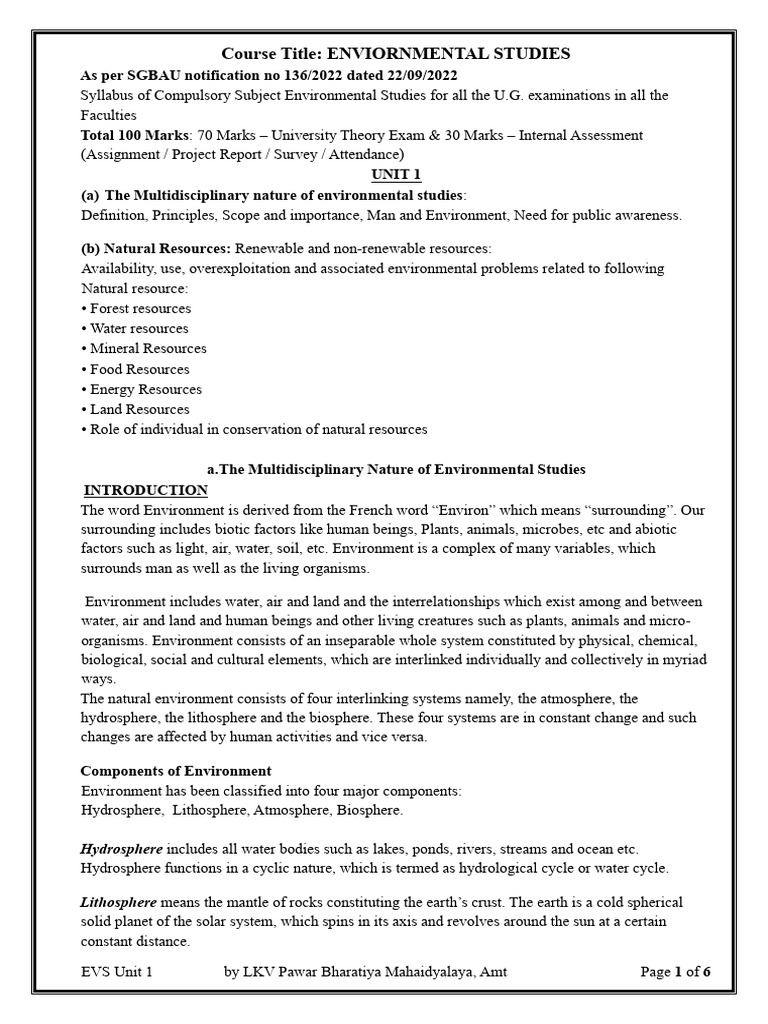 EVS Unit 1 (A) Multidisciplinary Nature | PDF | Atmosphere Of Earth | Earth
