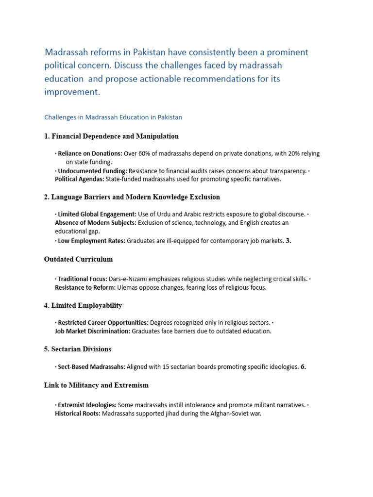 Challenges and Reforms in Pakistan's Madrassah Education | PDF