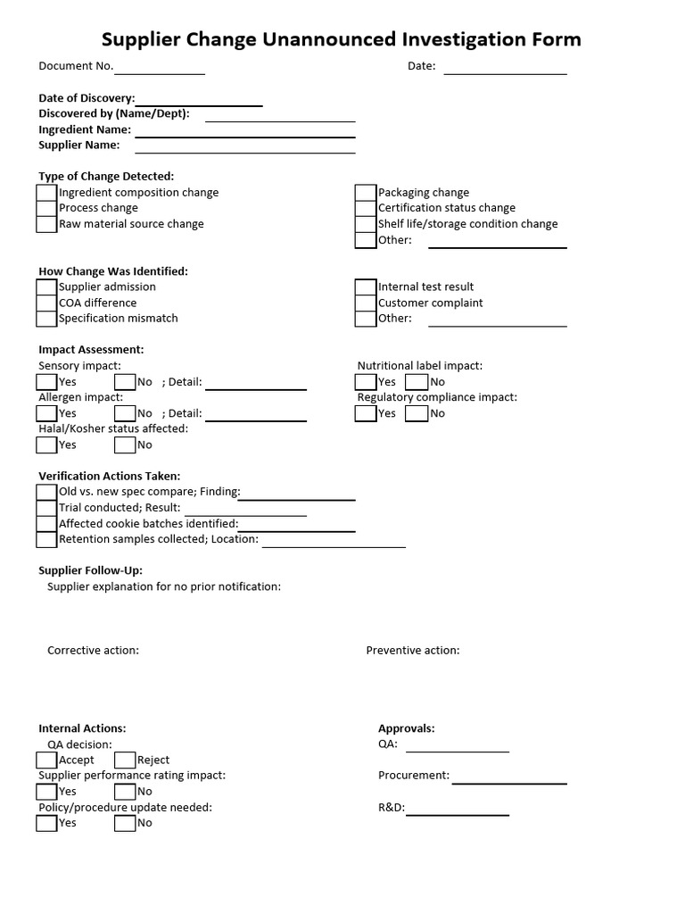 Supplier Change Unannounced Investigation Form | PDF