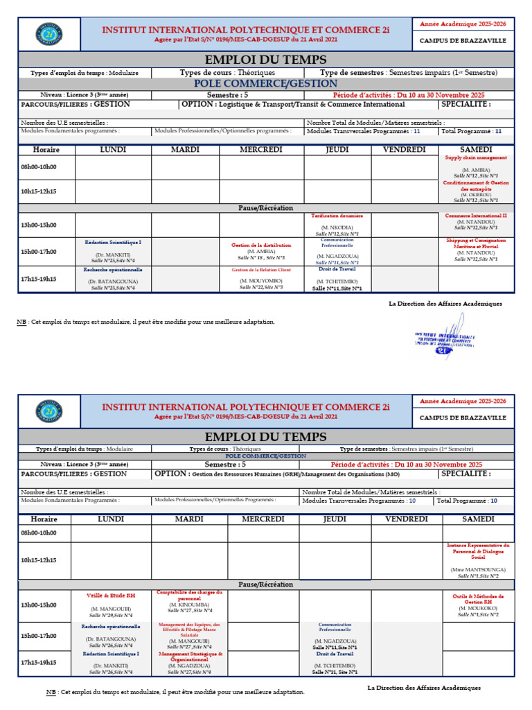 Emploi du temps Licence 3 - 2025-2026 | PDF | Banques | Économie d ...