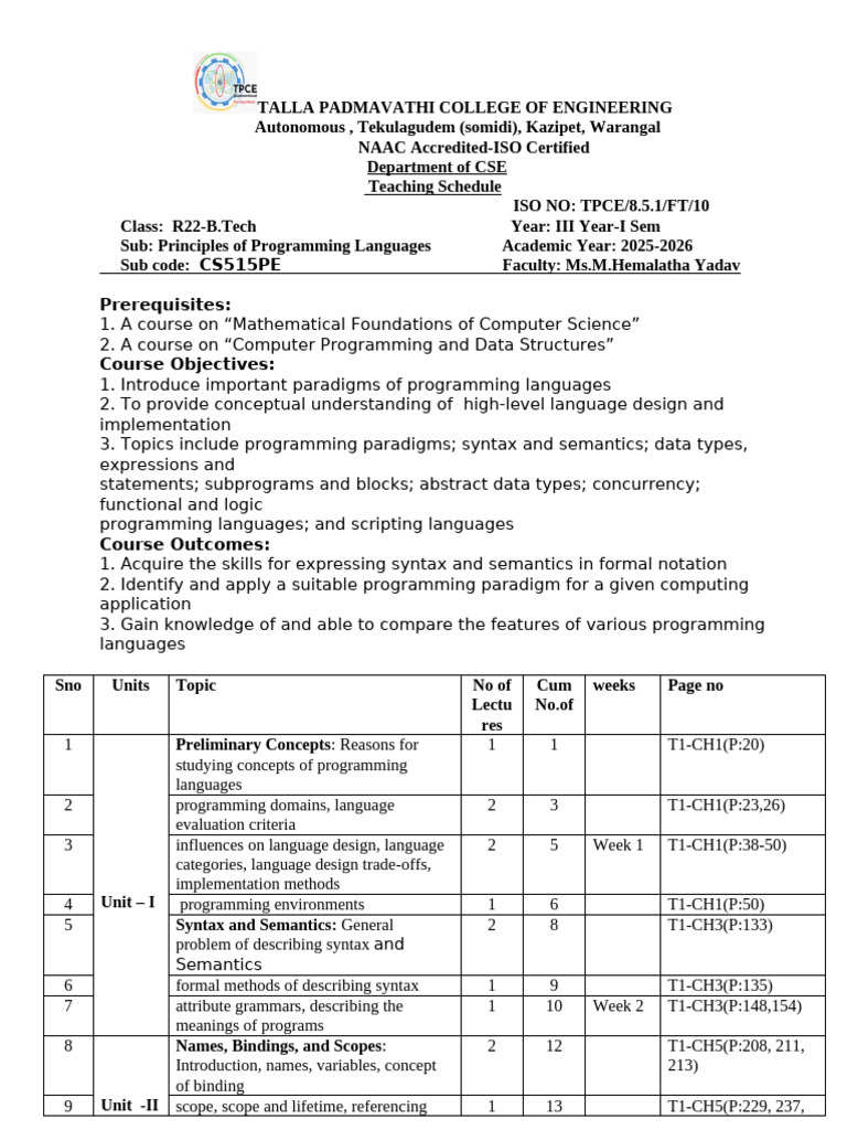 CSE Teaching Schedule: Programming Languages | PDF | Programming ...