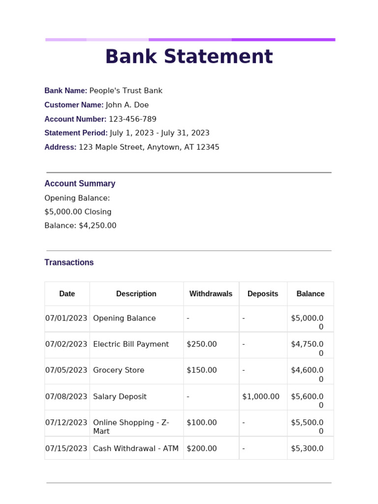 July 2023 Bank Statement Summary | PDF