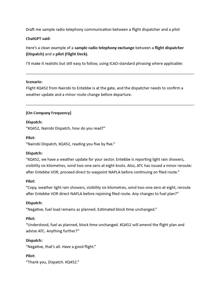 Sample Radio Communication: Dispatcher & Pilot | PDF | Aviation