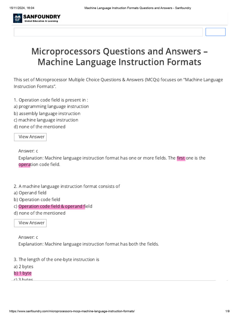 Machine Language Instruction Formats Questions and Answers - Sanfoundry ...