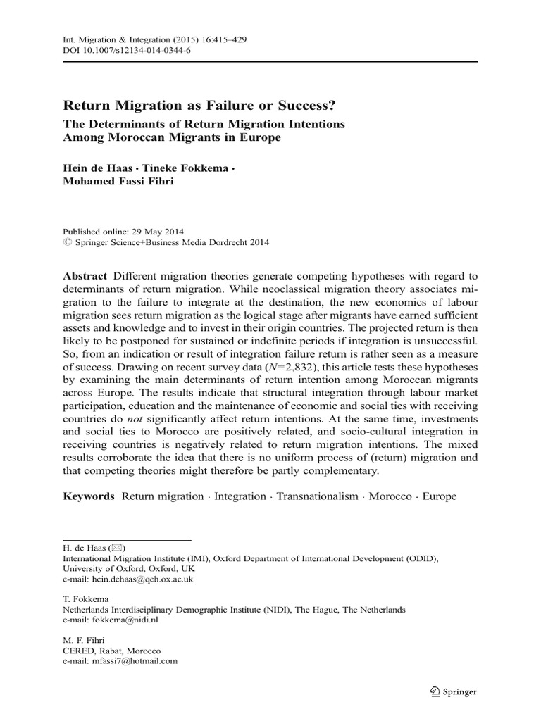 Determinants of Moroccan Return Migration | PDF | Human Migration ...