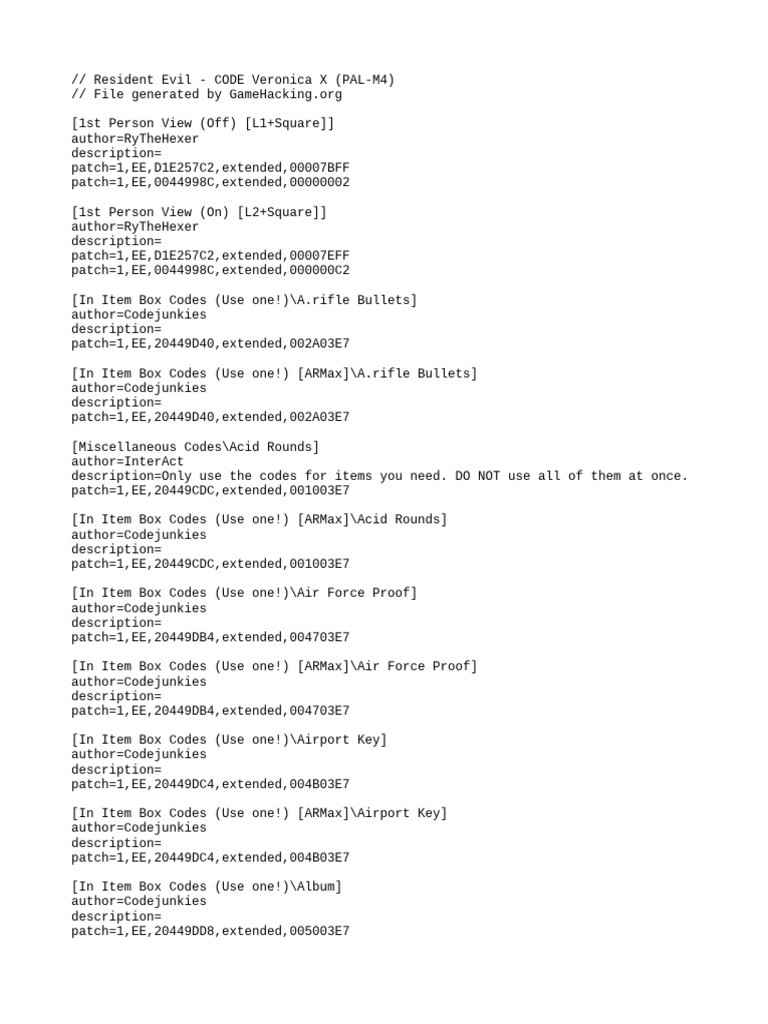 Resident Evil CODE Veronica X Cheat Codes | PDF | Ballistics ...