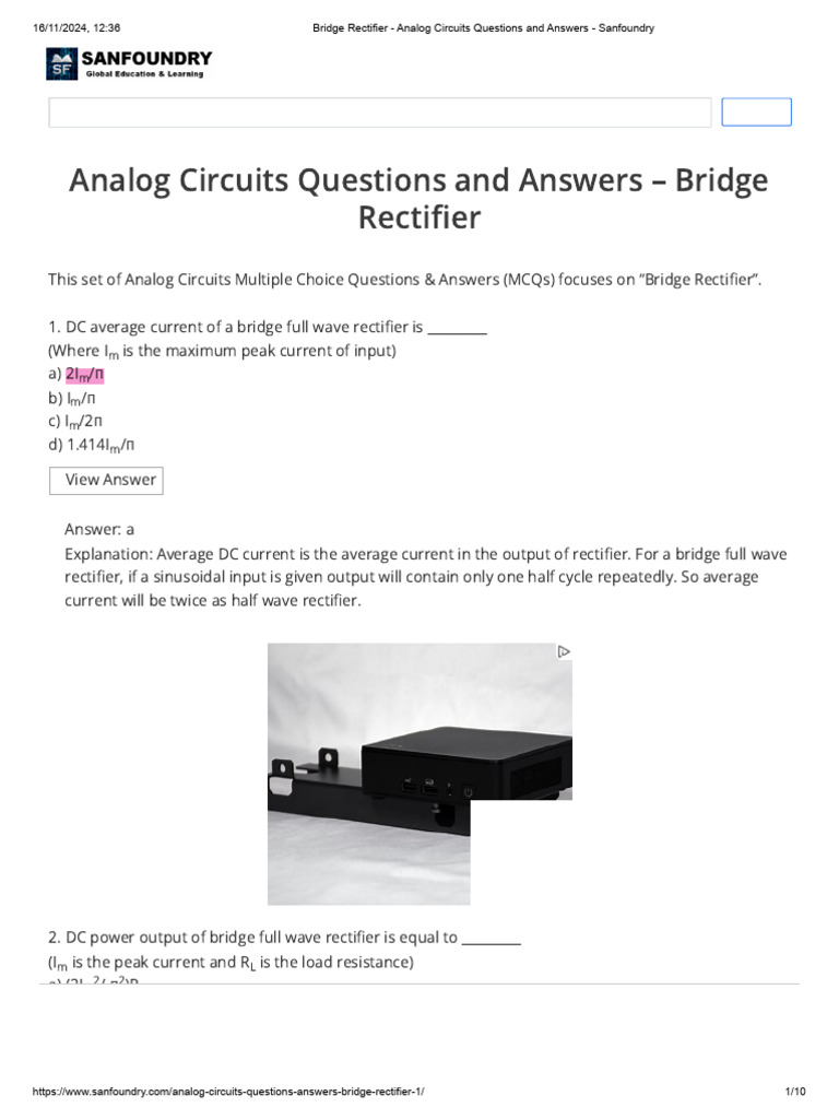 Bridge Rectifier MCQs and Answers | PDF | Rectifier | Electricity