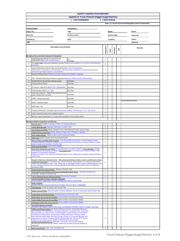 Pre-Mobilization Safety Inspection Checklist | PDF | Leak | Tire