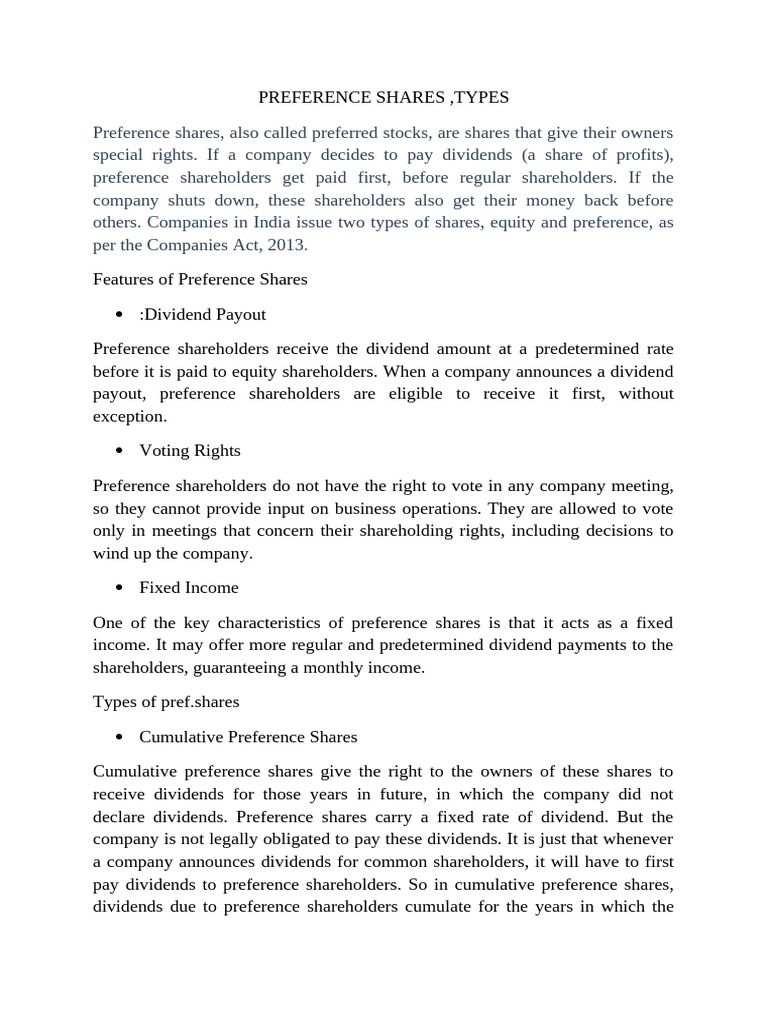 Types and Features of Preference Shares | PDF | Preferred Stock | Dividend