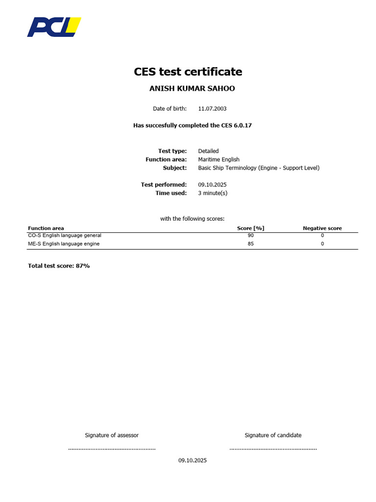 CES Test Certificate: Maritime English | PDF
