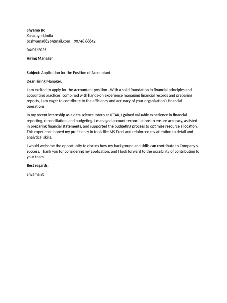 Shyama BC Cover Letter2 | PDF