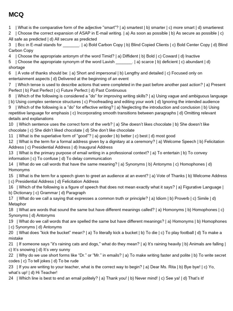 English Language MCQs and Exercises | PDF | Semantics | Language Mechanics
