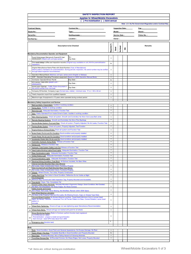 Pre-Mobilization Safety Inspection Checklist | PDF | Leak | Steering
