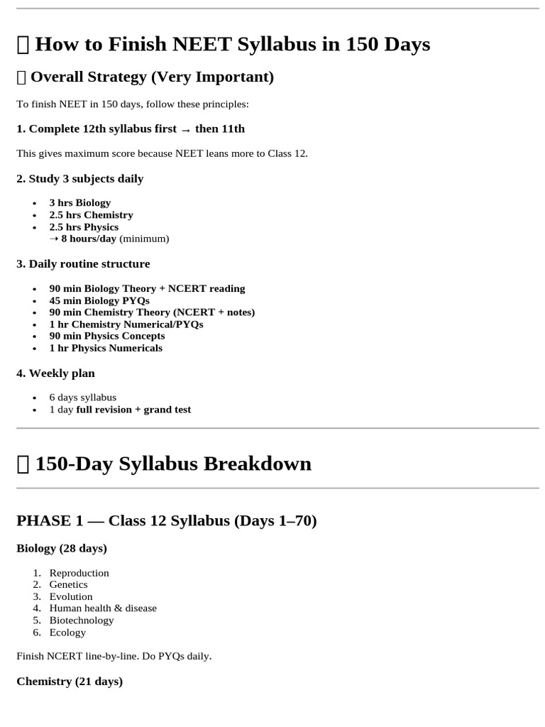 How To Finish NEET Syllabus in 150 Days | PDF | Chemistry | Physics