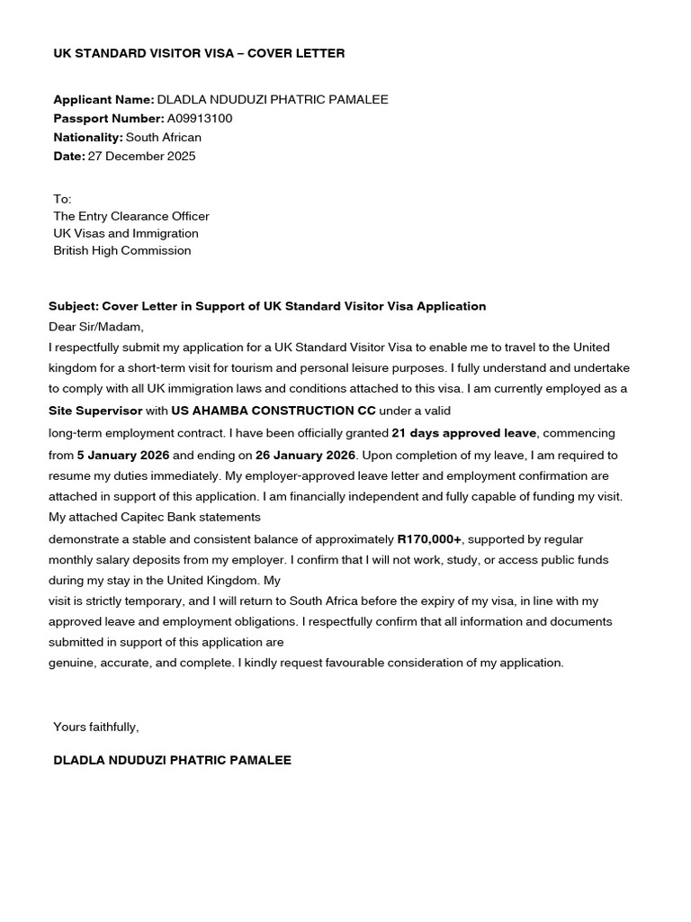 UK Visitor Visa Cover Letter for Dladla | PDF | Travel Visa | Human ...