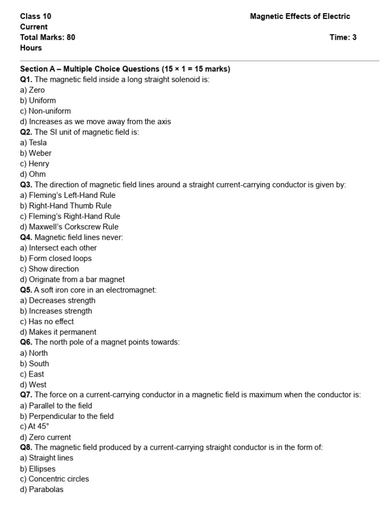 Magnetic Effects of Electric Current Exam | PDF | Magnetic Field | Magnet