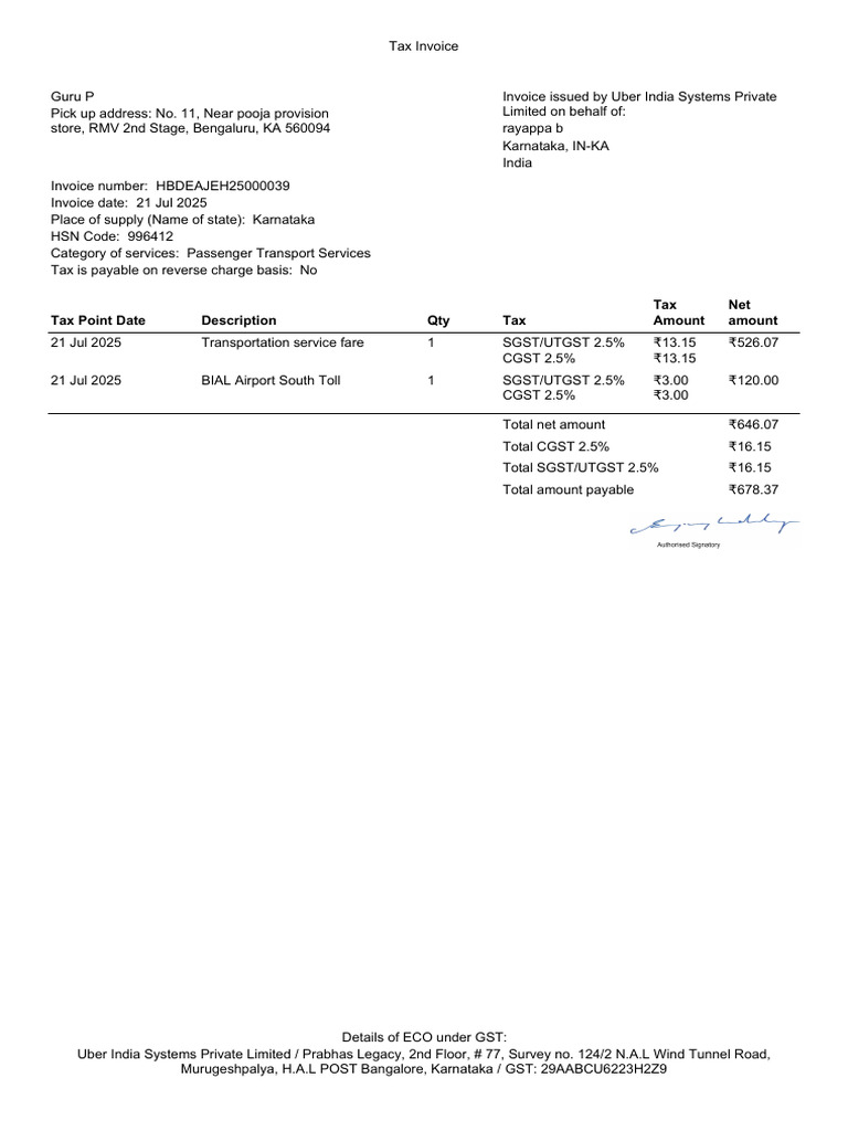 Uber Tax Invoice for Transport Services | PDF
