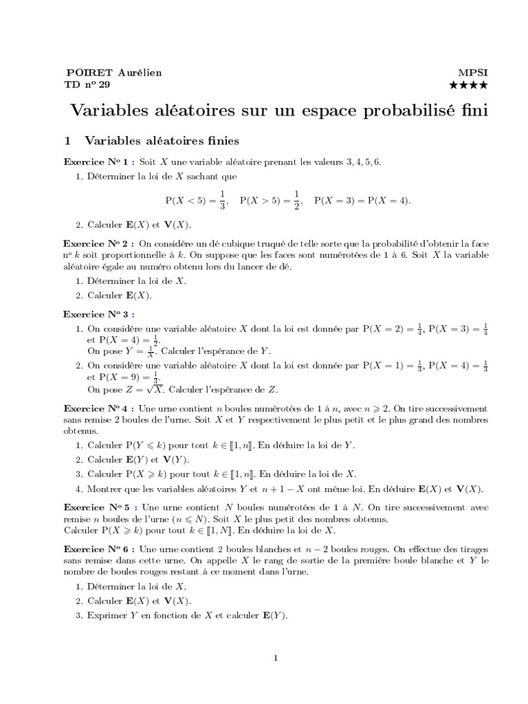 Variables aléatoires et exercices de probabilité | PDF | Espérance ...