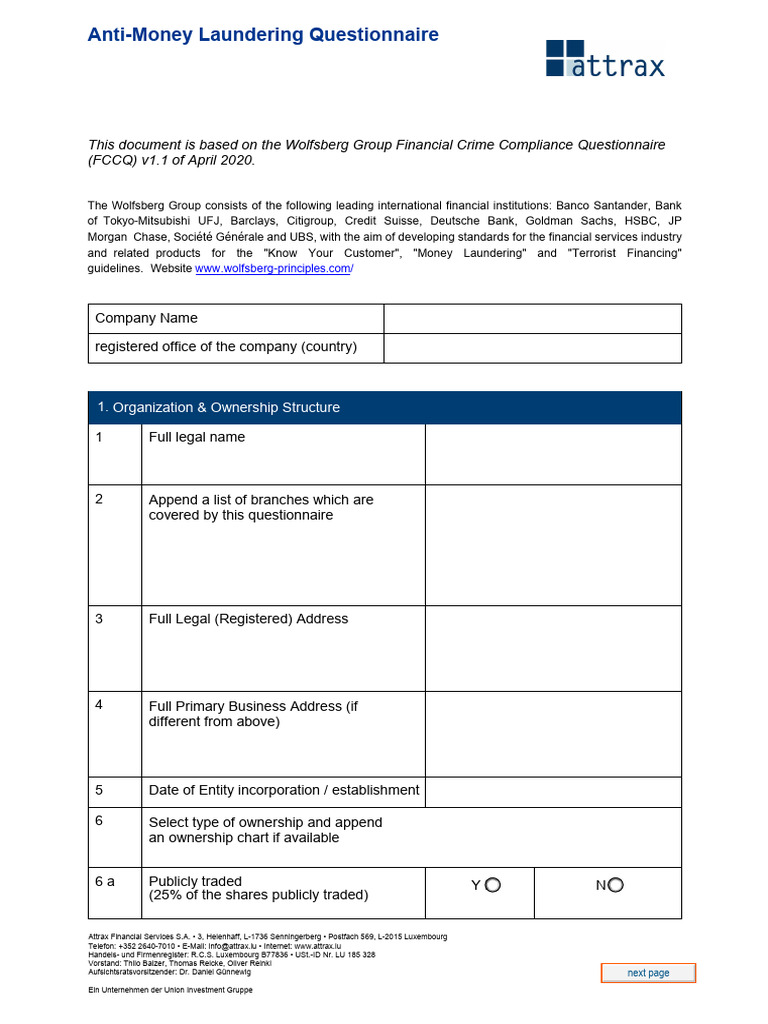 AML_QUESTIONNAIRE_ | PDF | Financial Regulation | Financial Markets