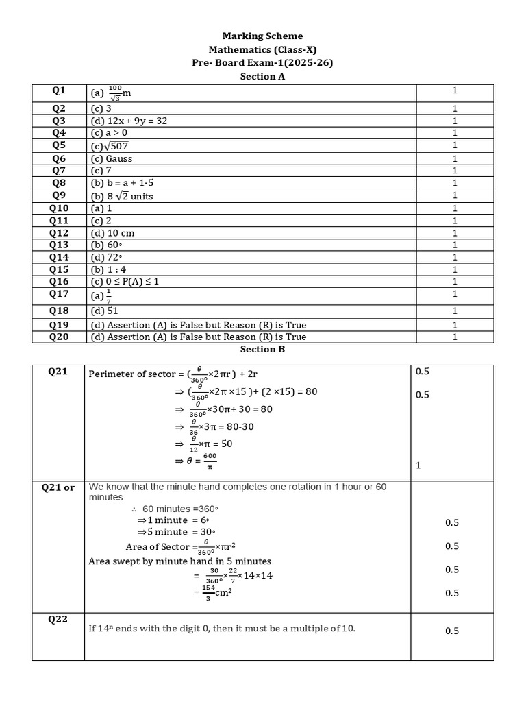Marking Scheme First Pre Board Exam X 25-26 | PDF | Area | Rational Number