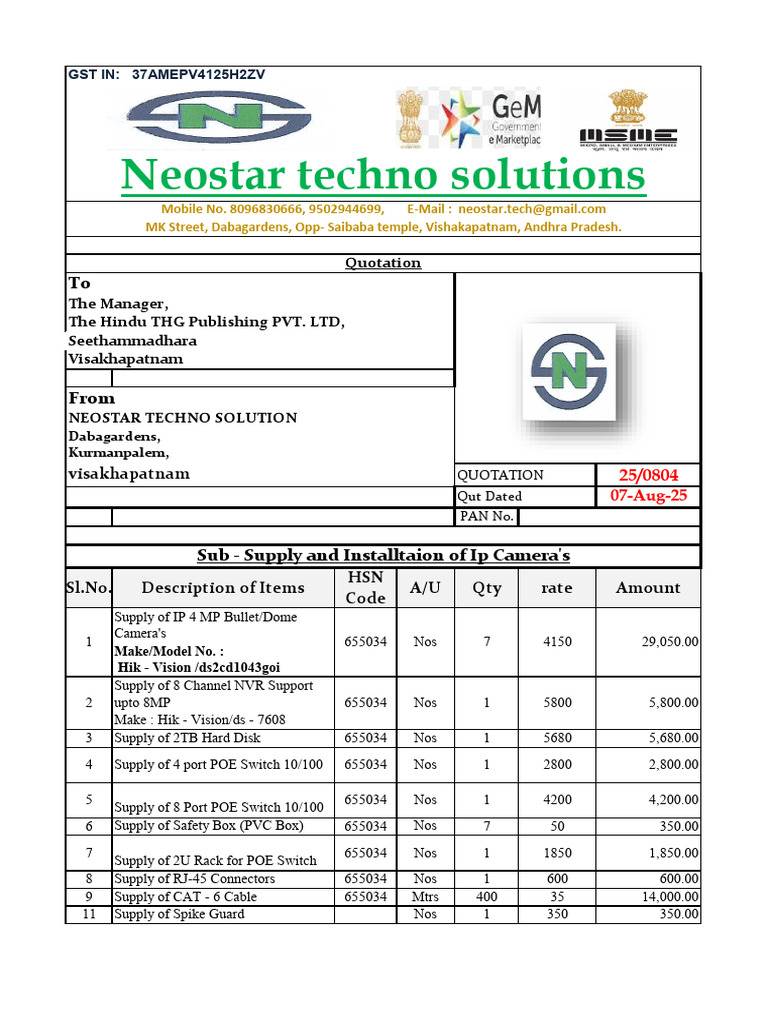 Quotation for IP Camera Installation | PDF