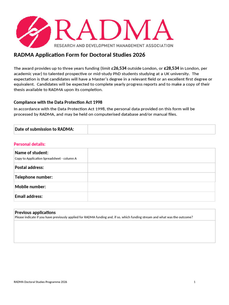 RADMA Doctoral Funding Application 2026 | PDF | Doctor Of Philosophy