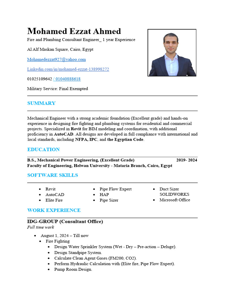CV - Fire and Plumbing Engineer-Mohamed Ezzat | PDF | Fire Sprinkler ...