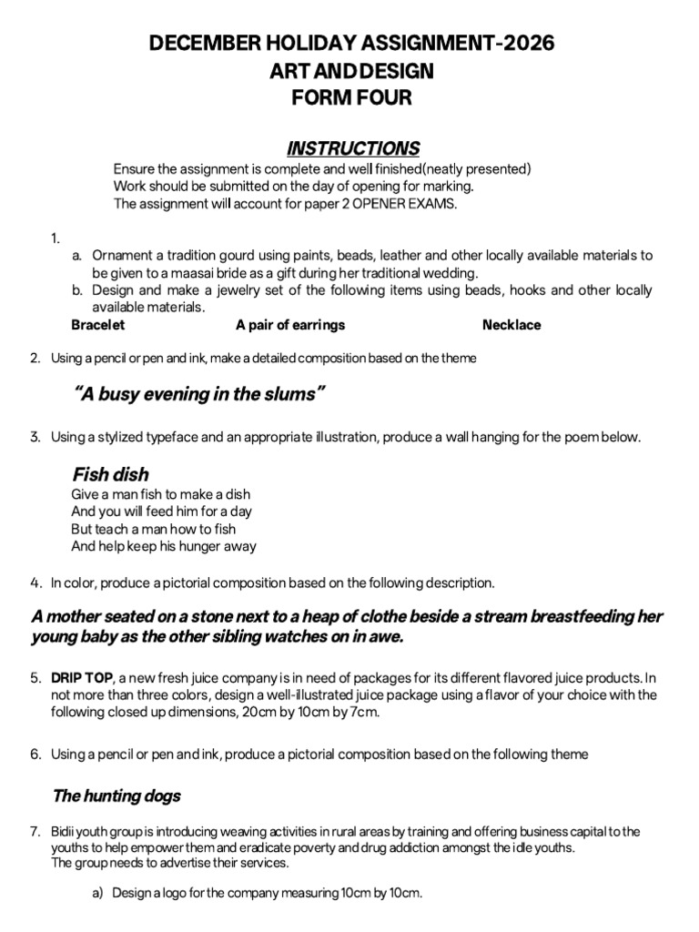Form 3 Nov - Dec 2025 Holiday Assignment - Art and Design | PDF ...