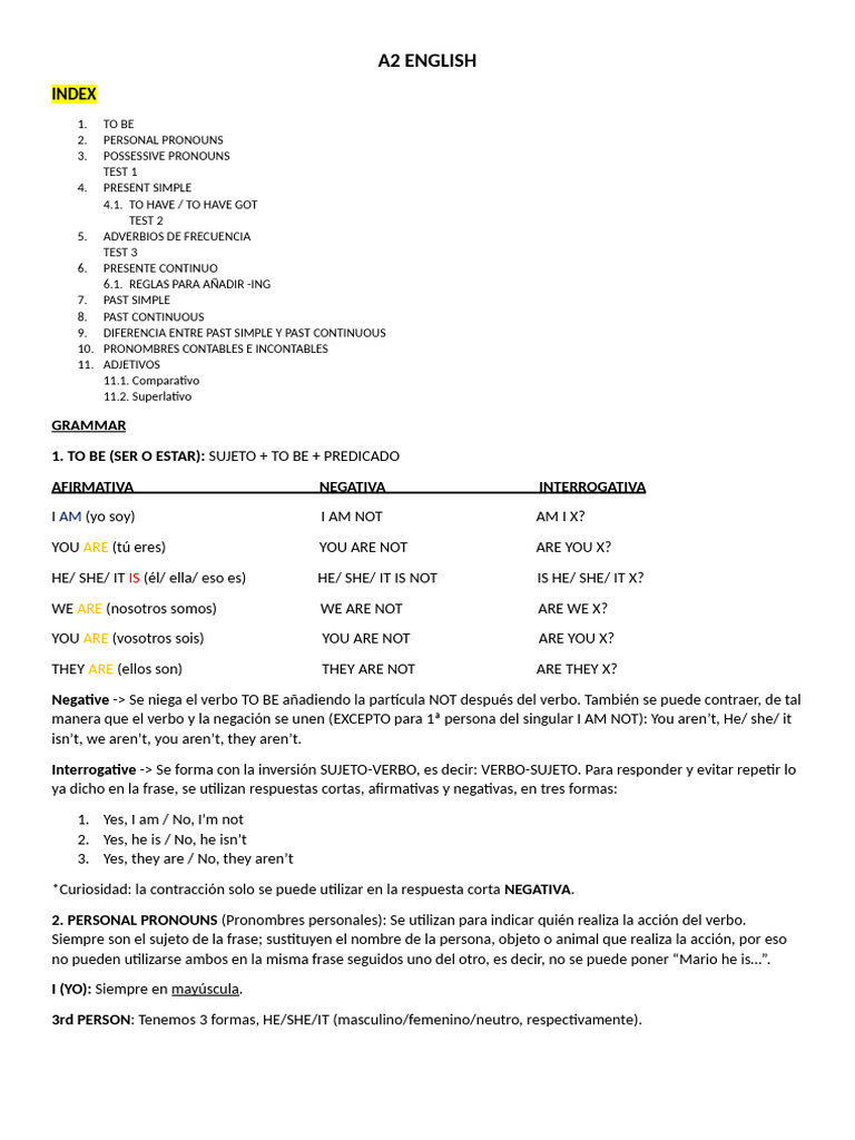Gramática Básica de Inglés A2 | PDF | Plural | Pronombre
