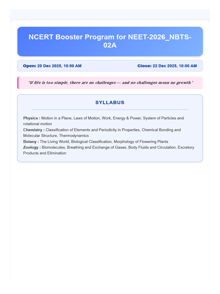 NCERT NEET-2026 Booster Program Details | PDF | Rotation Around A Fixed ...