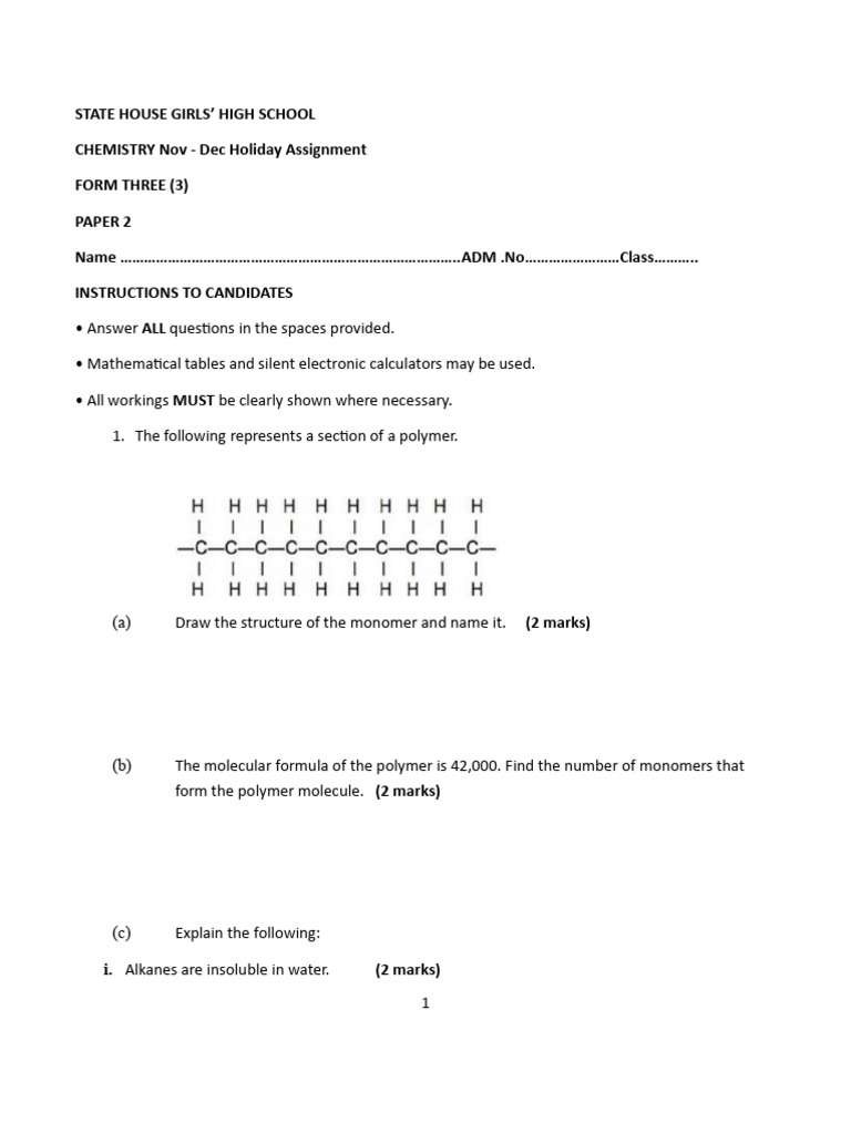 Form 3 Chemistry Holiday Assignment | PDF | Chlorine | Physical Sciences