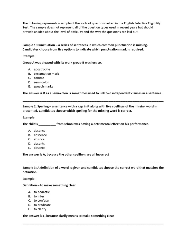 English Selective Test Sample Questions | PDF | Punctuation | Word