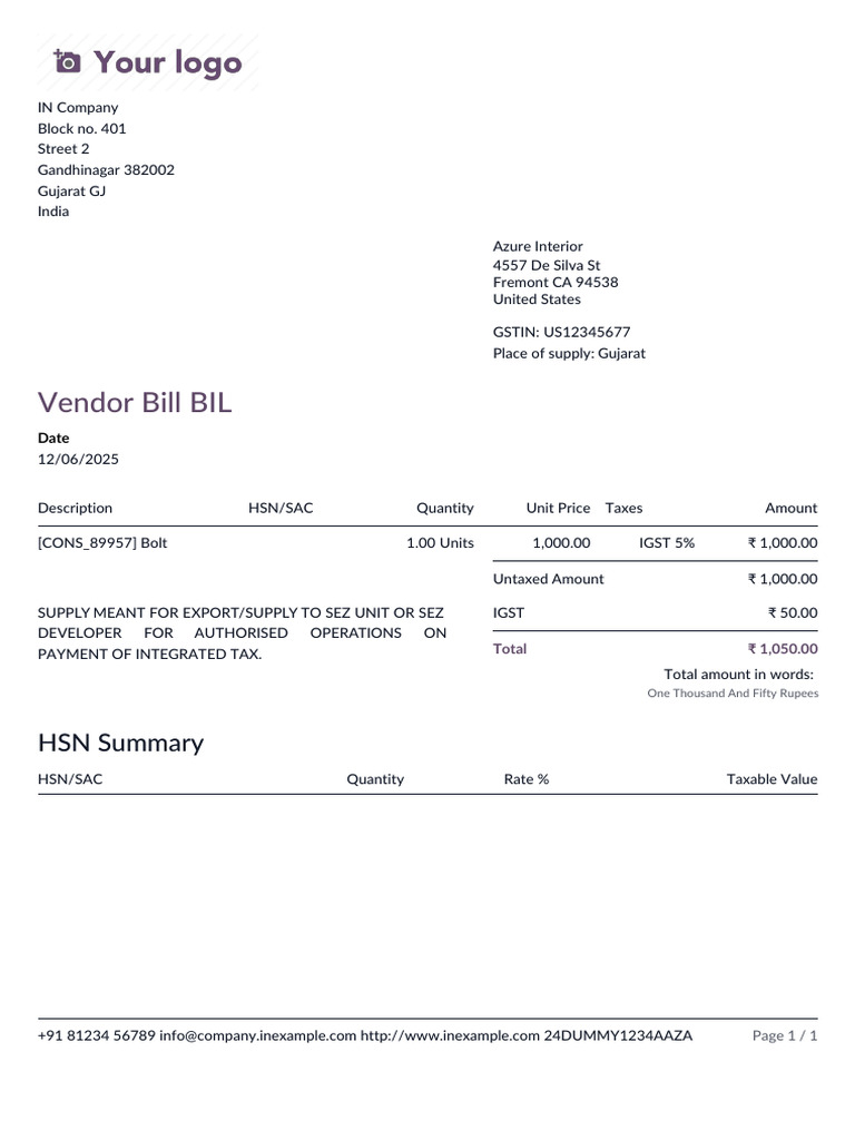 Export Invoice with IGST Details | PDF