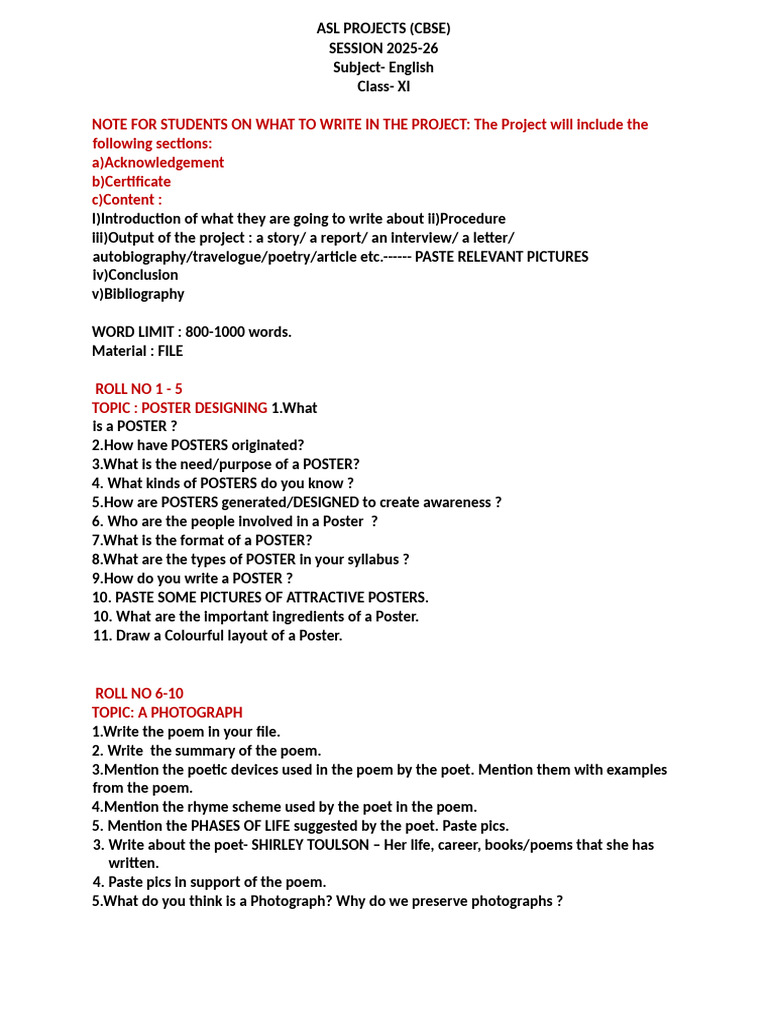 ASL English Project Guidelines for Class XI | PDF | Poetry