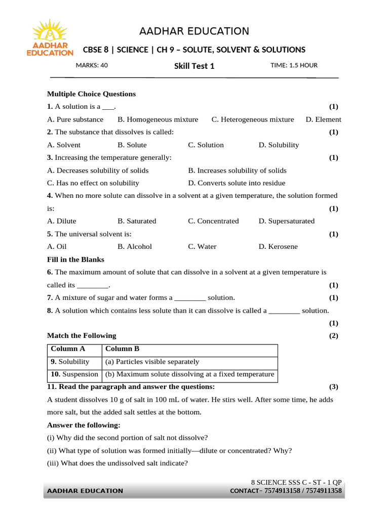 Grade 8 Niddhi Science Solute, Solvent and Solution Test Paper | PDF ...