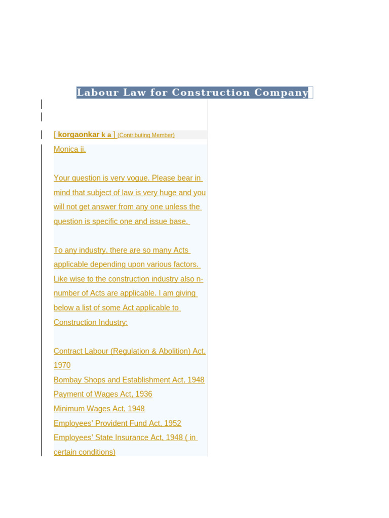 Essential Labour Laws for Construction | PDF | Employment | Labour Law