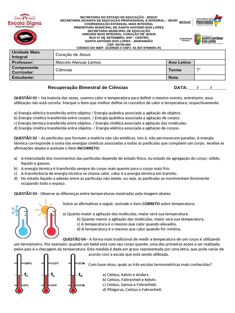 Recuperação Bimestral de Ciências 7º Ano | PDF | Temperatura | Calor