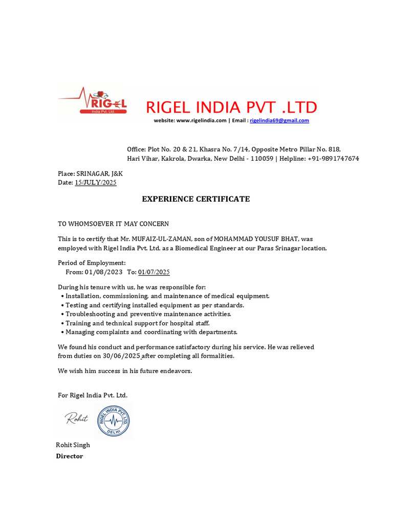 Experience Certificate for Biomedical Engineer | PDF