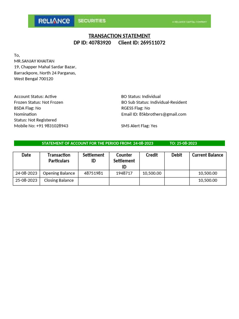 Transaction Statement for Sanjay Khaitan | PDF